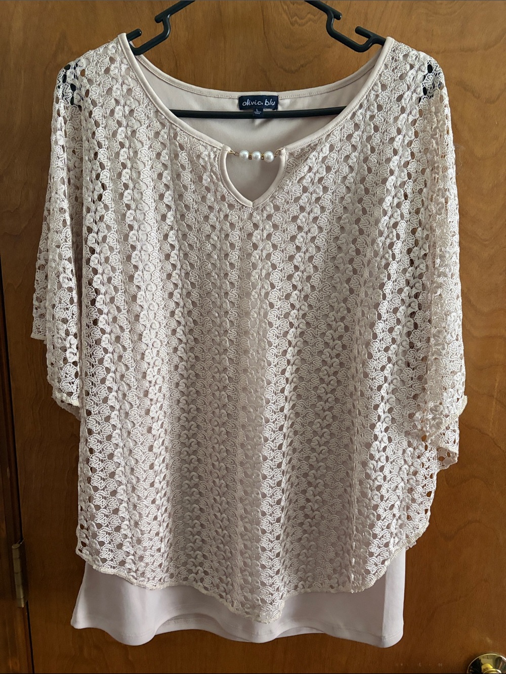 Olivia Blu Cream Lace Overlay Tunic with Pearl Accent
